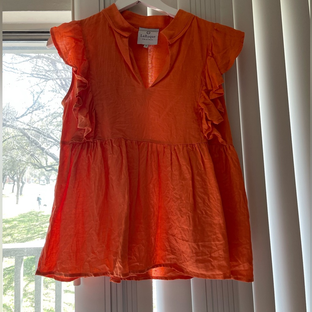 LaRoque Orange Linen Ruffle Sleeve Blouse